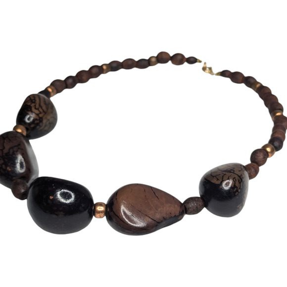 Boho Dark Brown Smooth Wooden Beaded Necklace Womens Vintage Jewelry - Picture 3 of 8